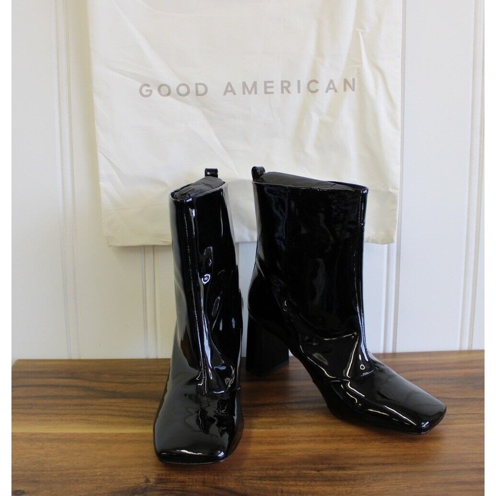 Good American Black Patent Leather Ankle Boots Size 9.5 Square‎ Toe w/Dustbag